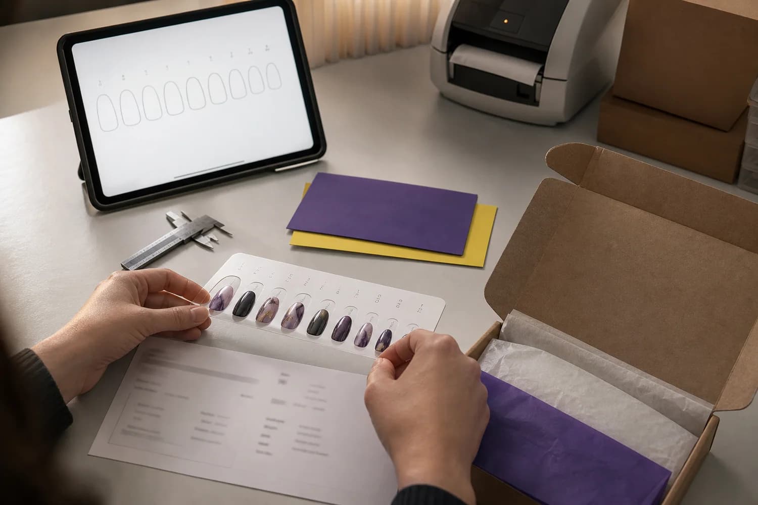 An artist checking a ten-piece press-on nail set against a sizing record before packing