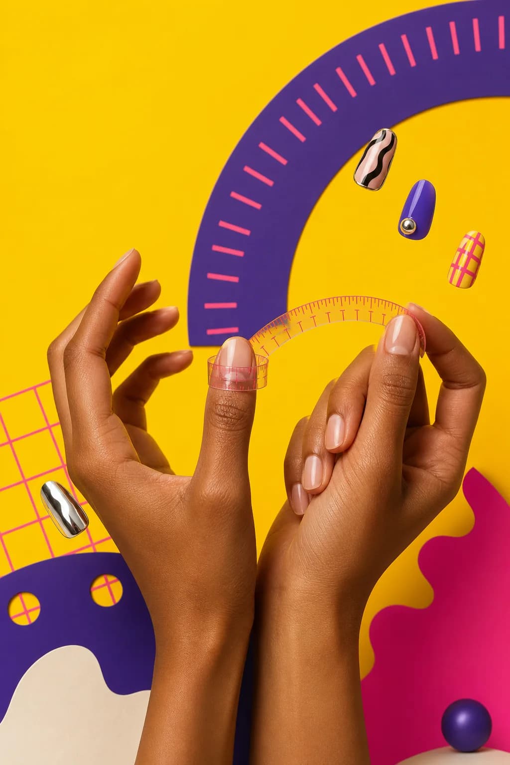 Two hands measuring a natural nail in a colourful GLAZEM studio