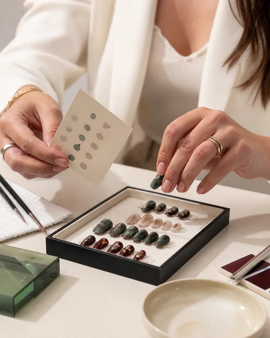 A nail artist matching measurements to a handmade press-on nail set