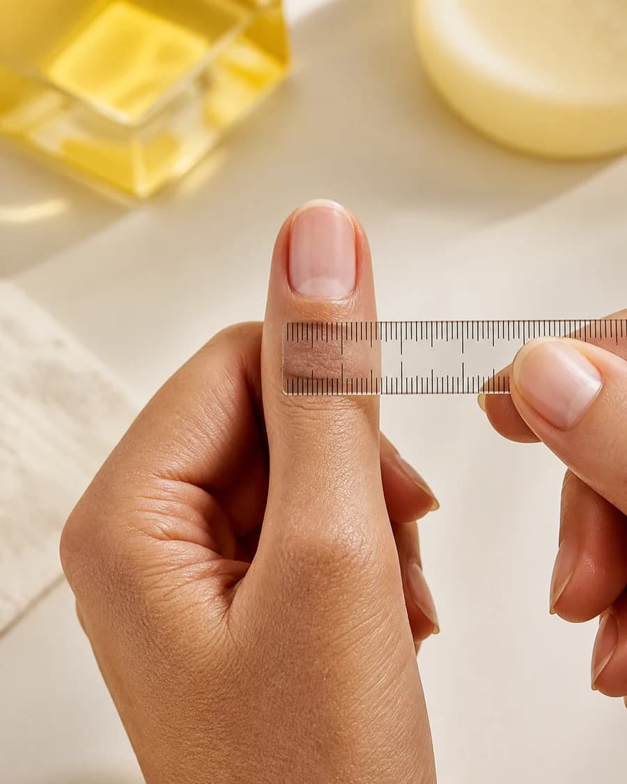 A natural thumbnail being measured with a clear millimetre ruler
